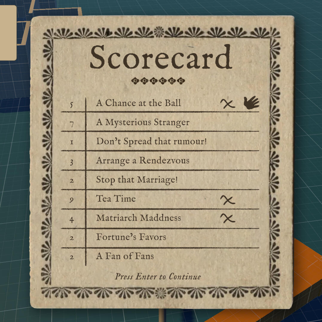 The in-game scorecard designed to reference letterpressed ephemera that calls back to regency England.